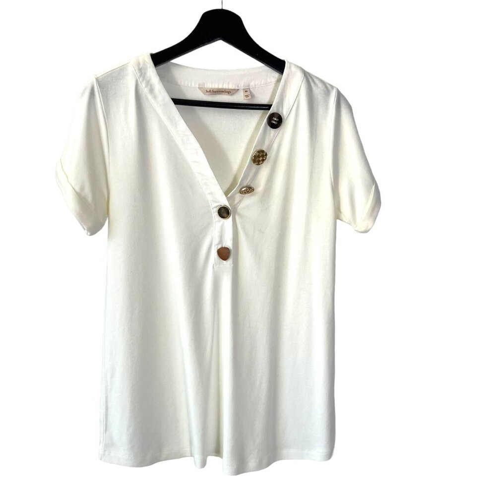 Soft Surroundings White V Neck Short Sleeve Multi Button Top XS